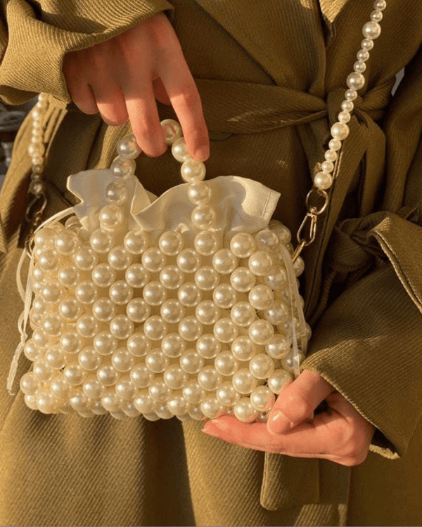 Cutie Carry – mini handmade off-white pearl beaded bag with dual carry straps – MS Attires
