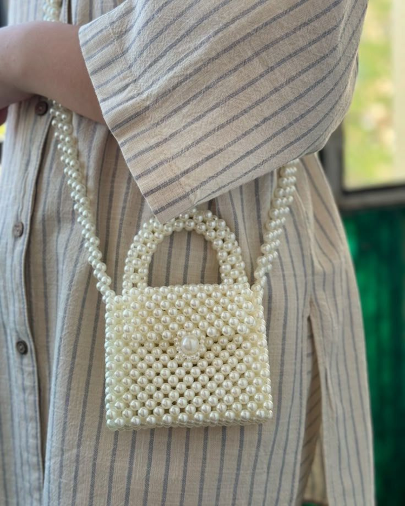 Handmade off-white pearl beaded bag with short pearl handle and long shoulder strap – Ms Attires