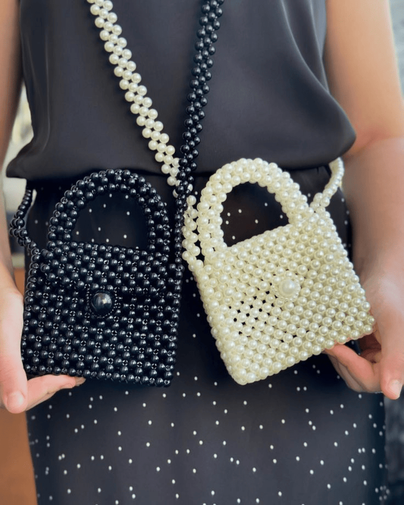Off-white hand-beaded pearl shoulder bag with flap button closure – Ms Attires Pakistan